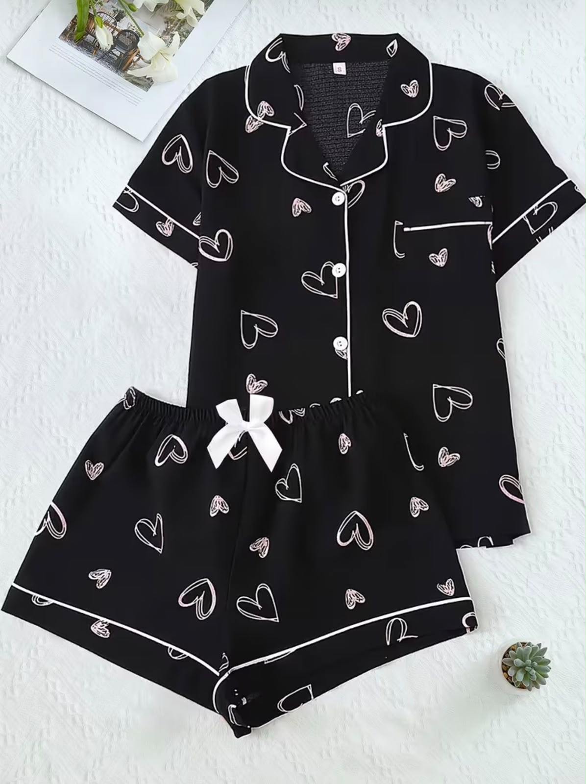 PIJAMA CONJUNTO CORTO CORAZON LINEAS BLANCAS TALLA M