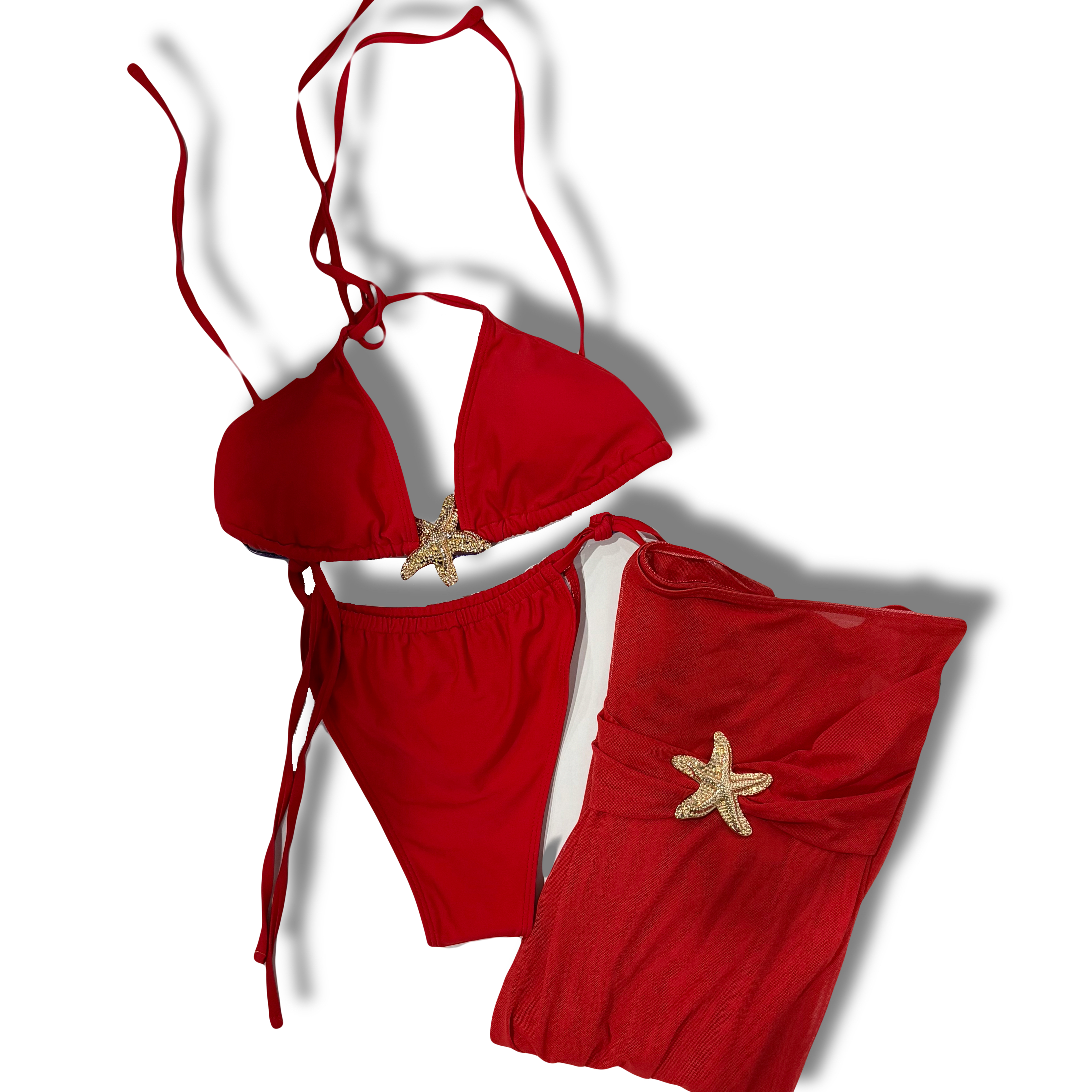 SET TRAJE DE BAÑO ROJO CON PAREO TALLA L